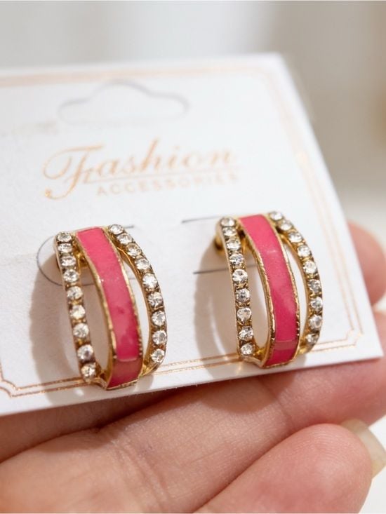 Coral & Gold Ton Crystal Hoop Drop Post Earrings NWT 3