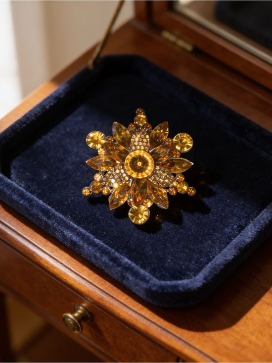 Vintage Golden Amber Crystal Floral Brooch 2