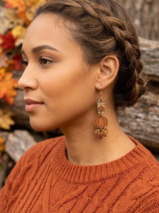Autumn Pumpkin Spice & Leaf Dangle French Hook Earrings 2