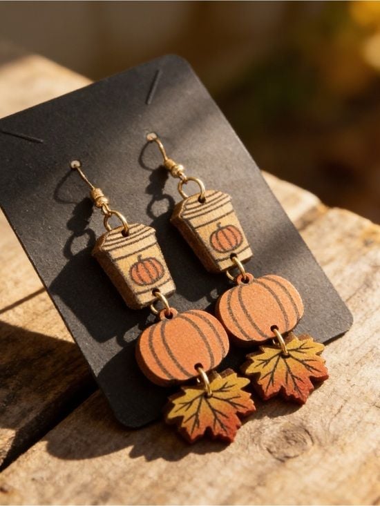 Autumn Pumpkin Spice & Leaf Dangle French Hook Earrings 3