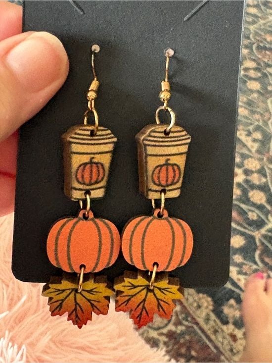 Autumn Pumpkin Spice & Leaf Dangle French Hook Earrings 4