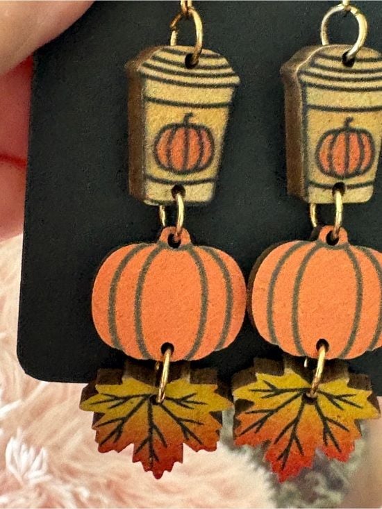 Autumn Pumpkin Spice & Leaf Dangle French Hook Earrings 5