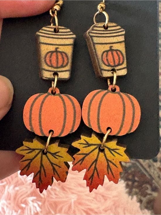 Autumn Pumpkin Spice & Leaf Dangle French Hook Earrings 7