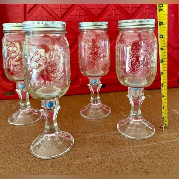Clear Mason Jar Stemmed Glasses with Silver Lids - Set of 4