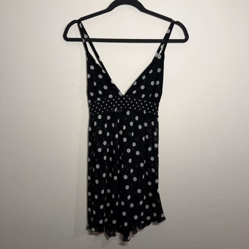 Vintage Y2K Isabella Black Polka Dot Micro Mesh Slip Dress Size L Fits M 2