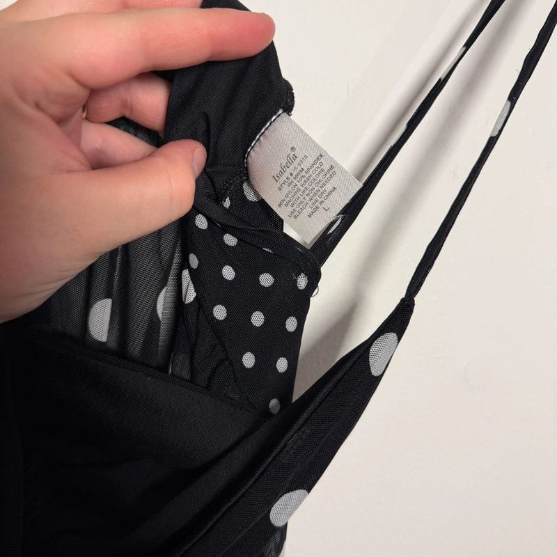 Vintage Y2K Isabella Black Polka Dot Micro Mesh Slip Dress Size L Fits M 4