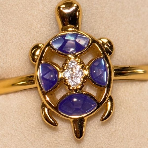 Gold Plated Turtle Ring with Tanzanite and White Topaz Accents | Nickel Free