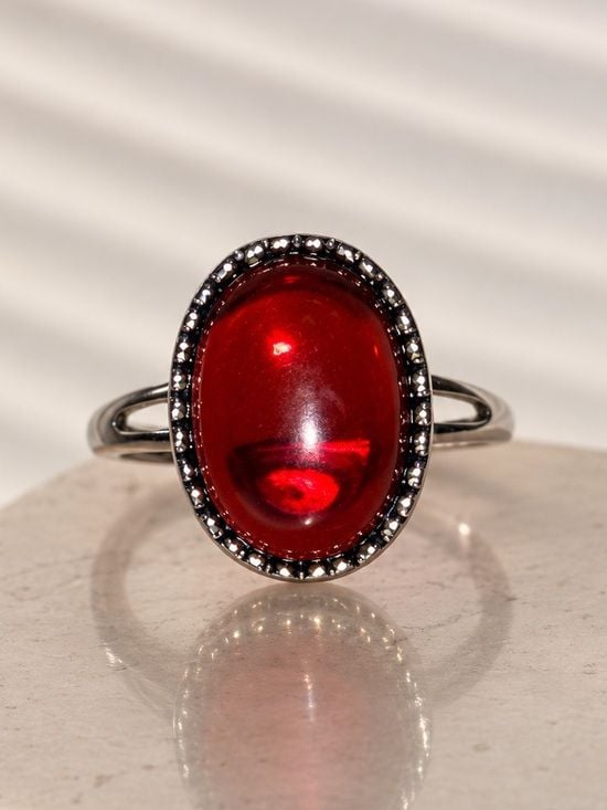 Black Amber Ring • Adjustable • Silver-Plated Nickel Free • Heart Bezel 2