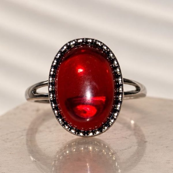 Black Amber Ring • Adjustable • Silver-Plated Nickel Free • Heart Bezel