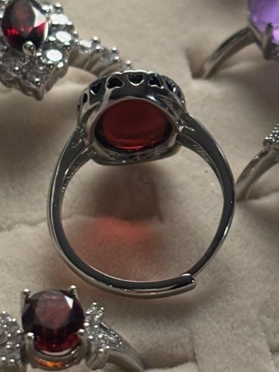 Black Amber Ring • Adjustable • Silver-Plated Nickel Free • Heart Bezel 5