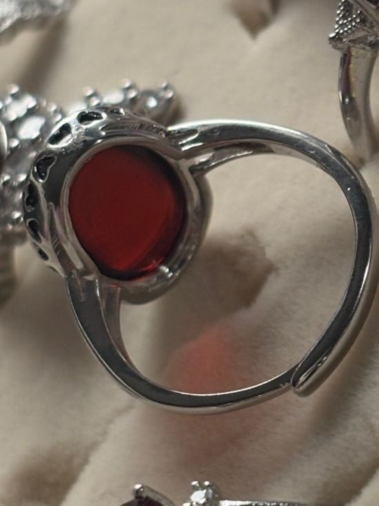 Black Amber Ring • Adjustable • Silver-Plated Nickel Free • Heart Bezel 6