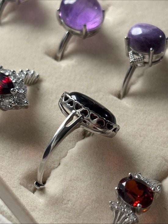 Black Amber Ring • Adjustable • Silver-Plated Nickel Free • Heart Bezel 7