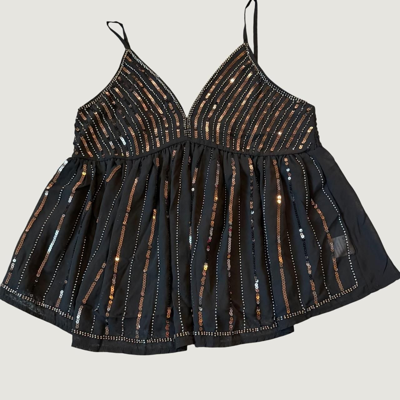 Lizette Collection Sequin Babydoll Camisole Top Black M 2