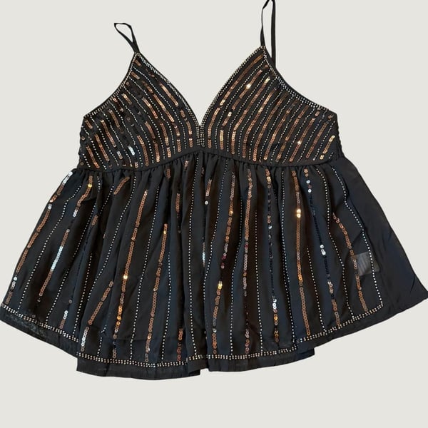 Lizette Collection Sequin Babydoll Camisole Top Black M