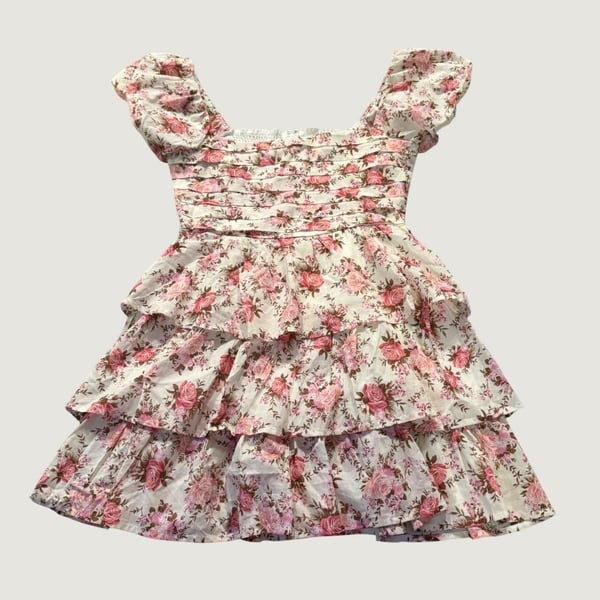 Altar'd State Floral Tiered Mini Dress XS Pink Cottagecore Puff Sleeve