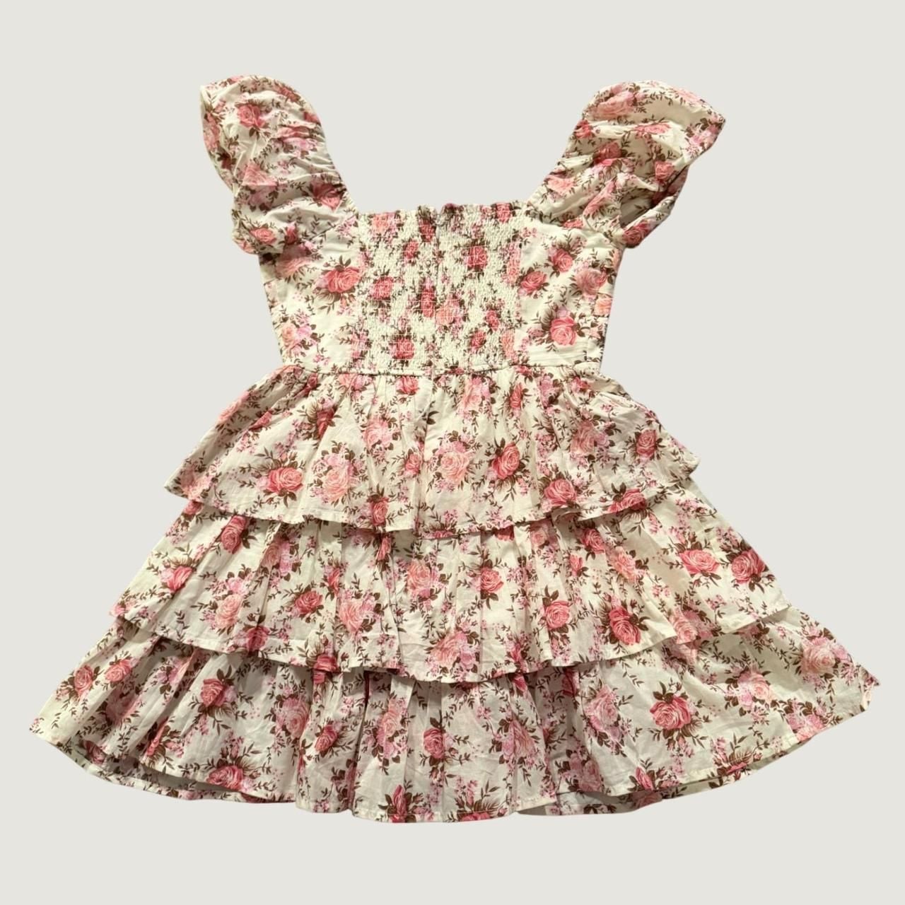 Altar'd State Floral Tiered Mini Dress XS Pink Cottagecore Puff Sleeve 3