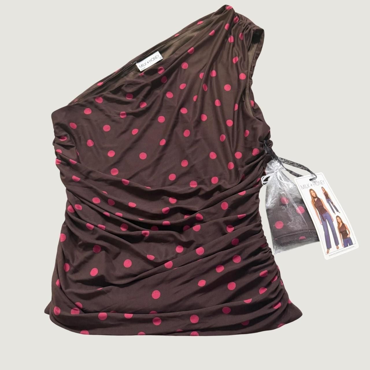 Milk + Honey Polka Dot Mesh One Shoulder Ruched Top Large Brown Pink Y2K 2