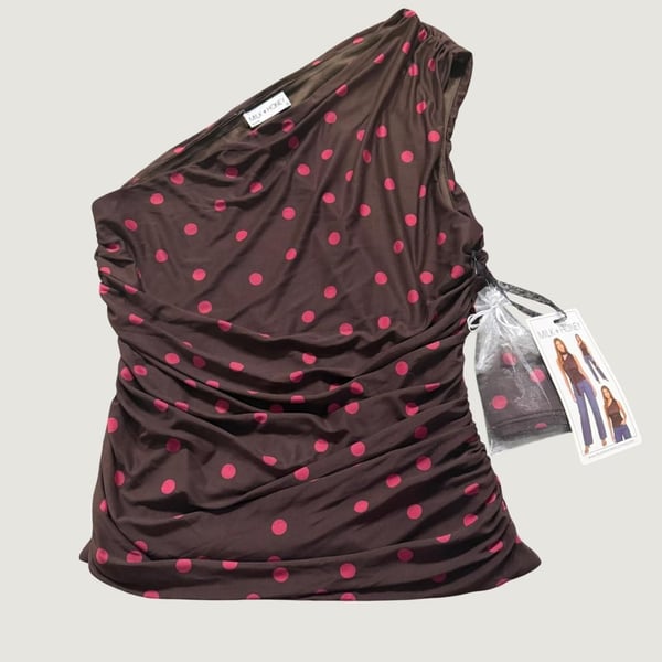 Milk + Honey Polka Dot Mesh One Shoulder Ruched Top Large Brown Pink Y2K