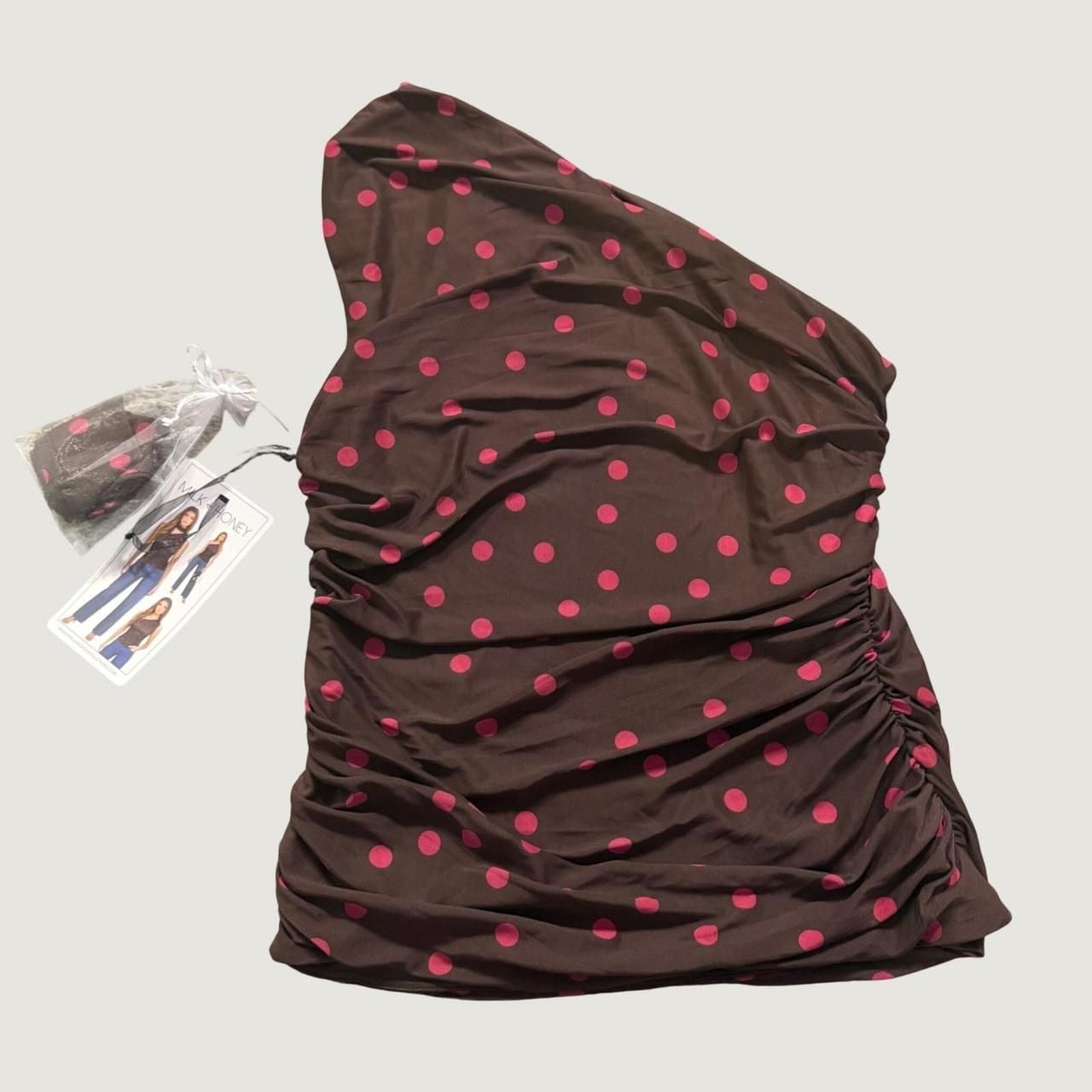 Milk + Honey Polka Dot Mesh One Shoulder Ruched Top Large Brown Pink Y2K 3