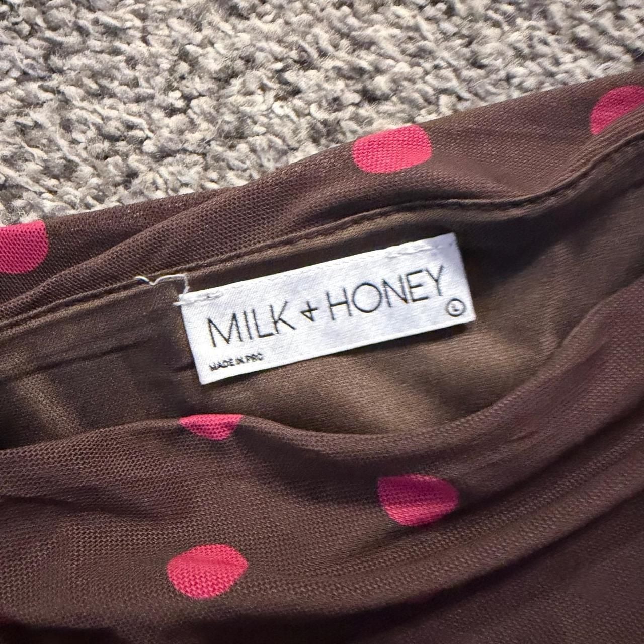 Milk + Honey Polka Dot Mesh One Shoulder Ruched Top Large Brown Pink Y2K 4