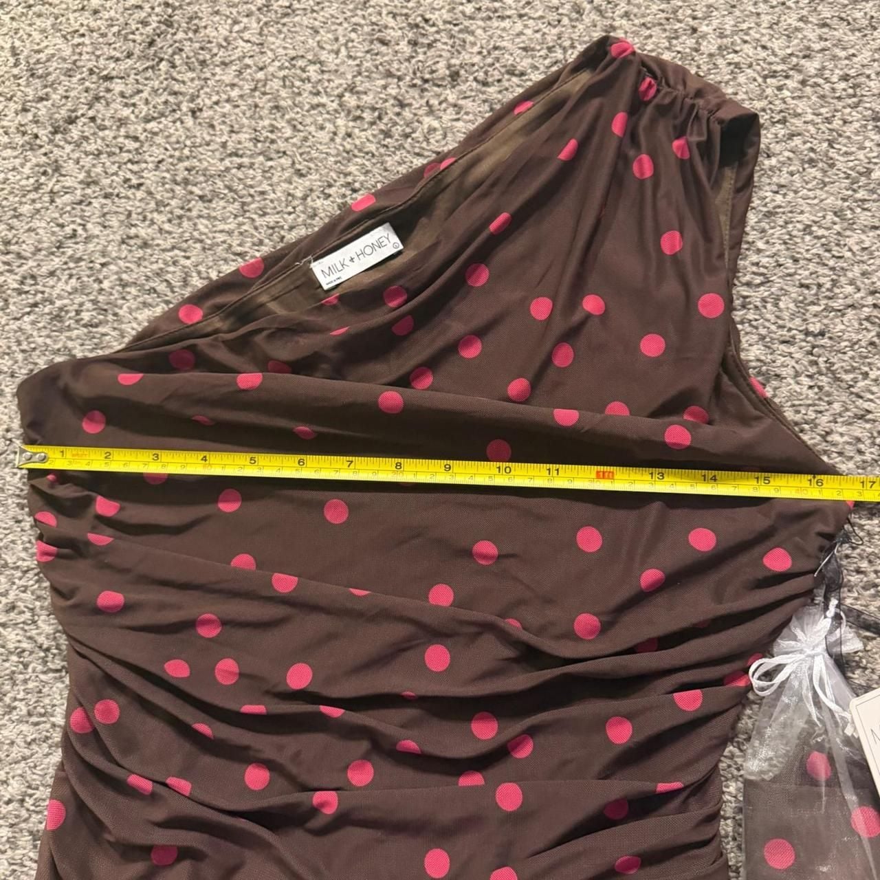 Milk + Honey Polka Dot Mesh One Shoulder Ruched Top Large Brown Pink Y2K 7