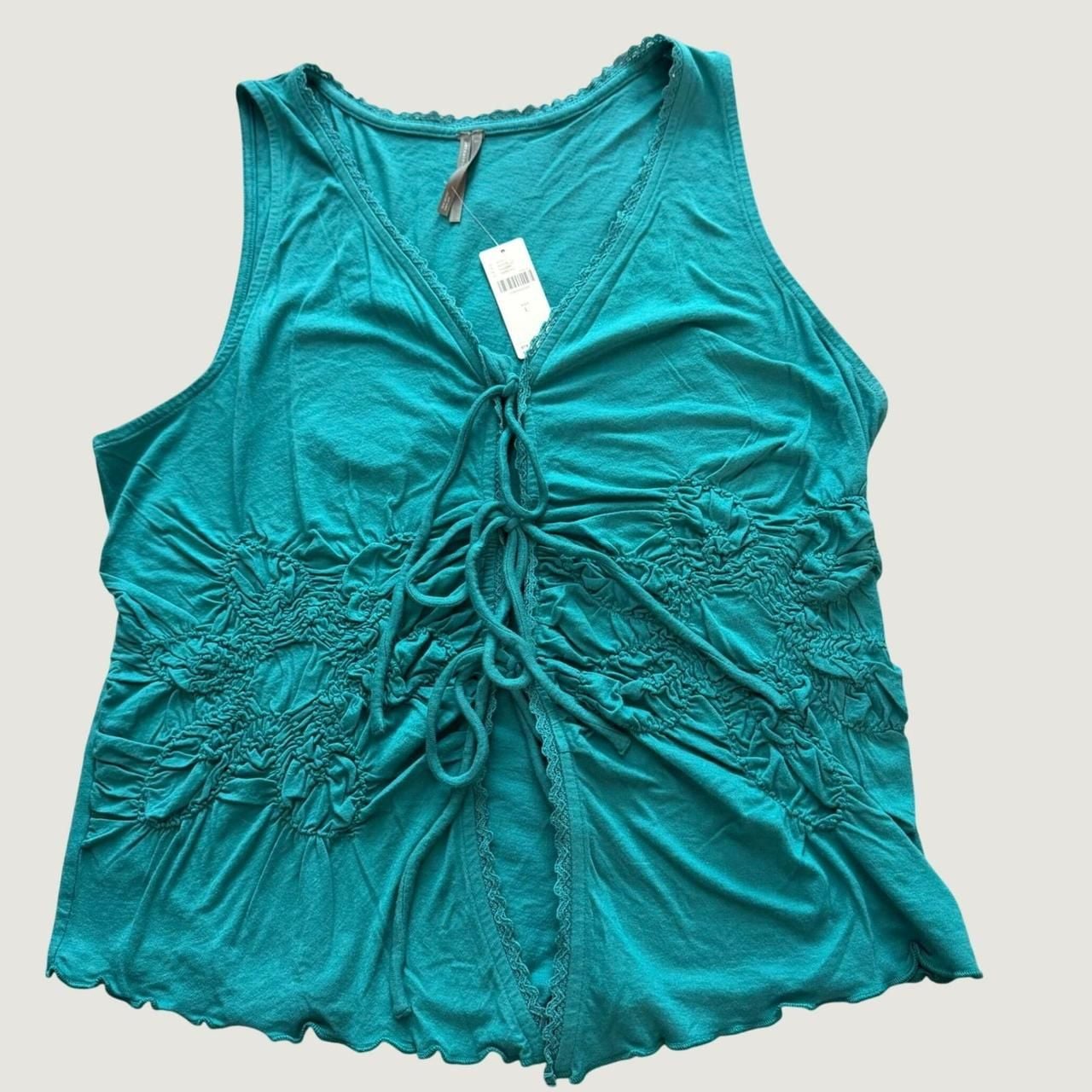 Anthropologie Smocked Tie Front Tank Top Large Boho Lace Trim Teal Green 2