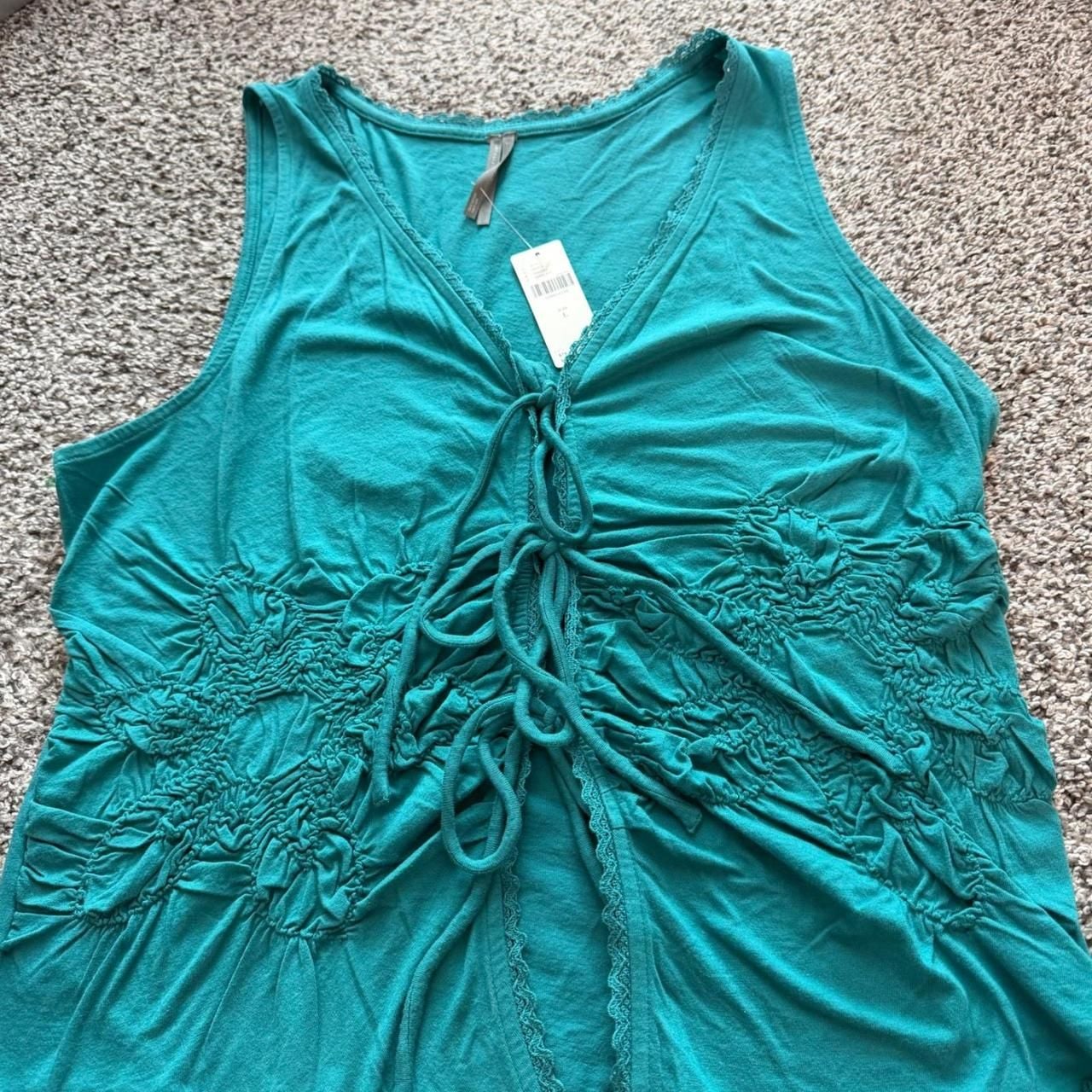 Anthropologie Smocked Tie Front Tank Top Large Boho Lace Trim Teal Green 4