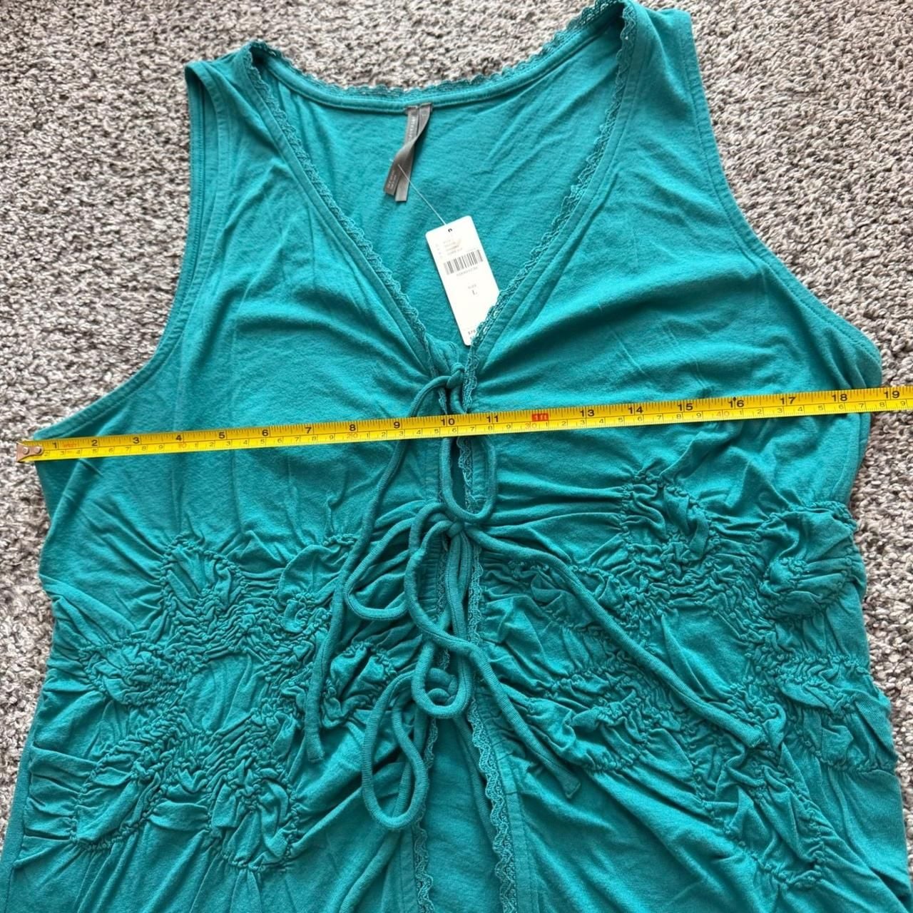 Anthropologie Smocked Tie Front Tank Top Large Boho Lace Trim Teal Green 6