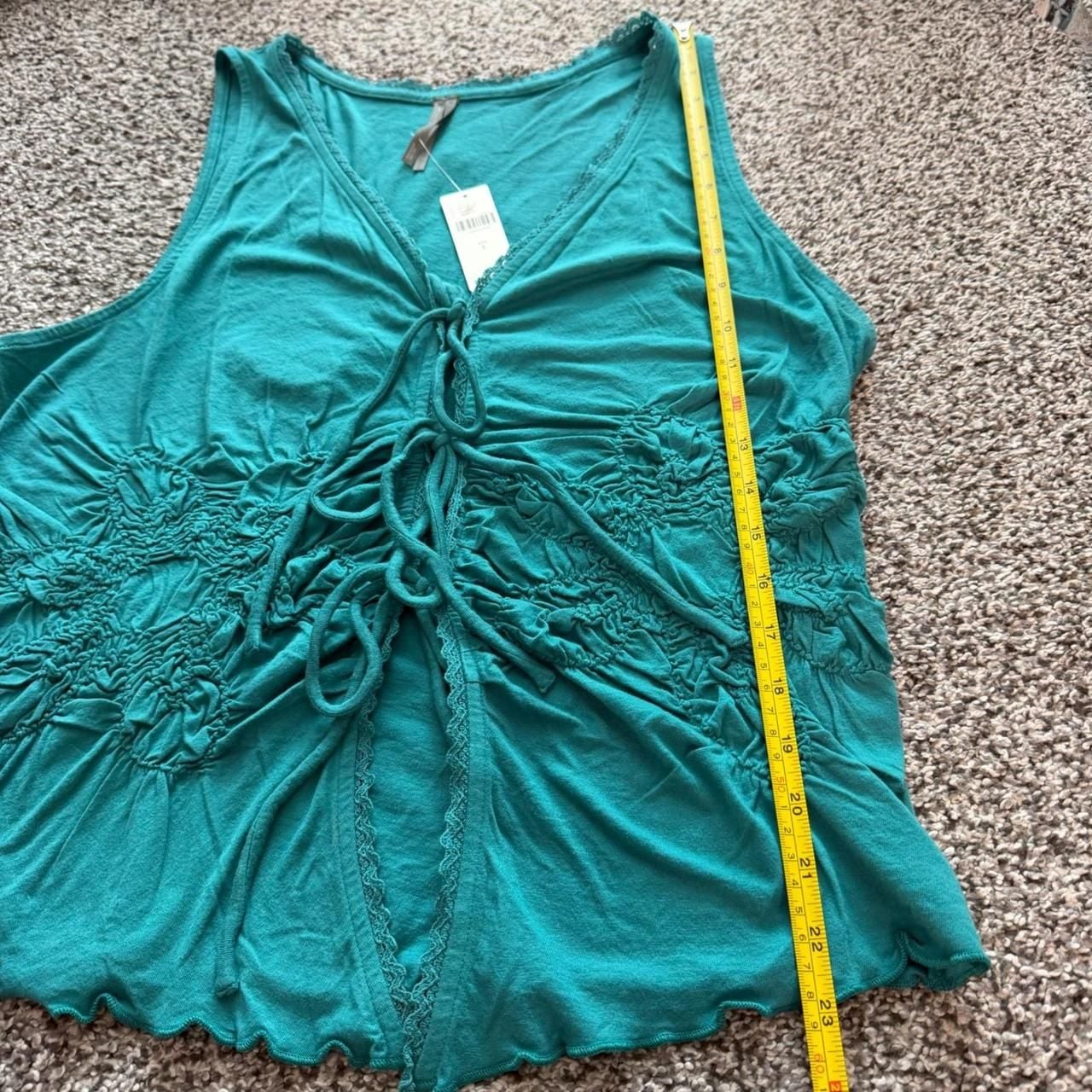 Anthropologie Smocked Tie Front Tank Top Large Boho Lace Trim Teal Green 7