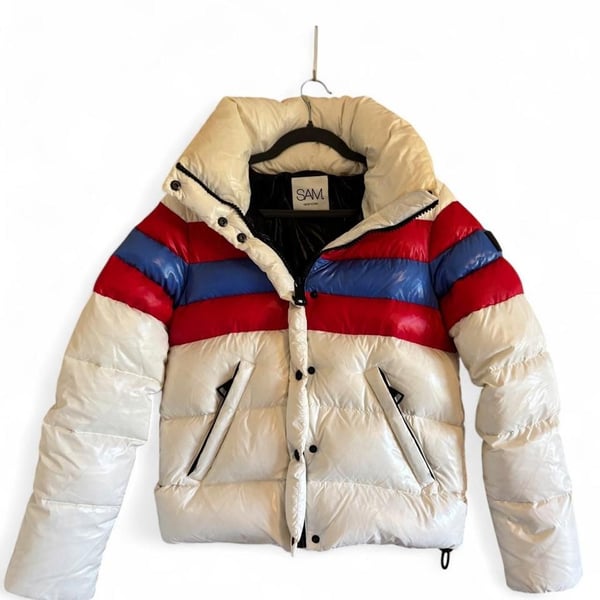 SAM New York White Red Blue Striped Down Puffer Jacket