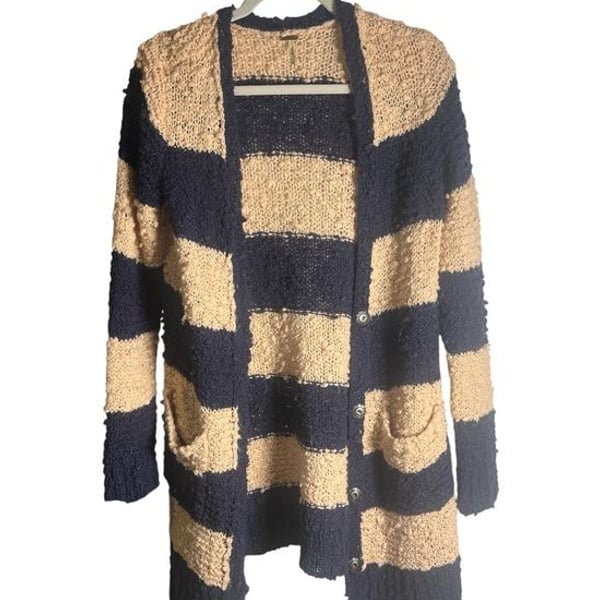 Free People Marshmallow Striped Open Cardigan Sweater - Navy and Cream