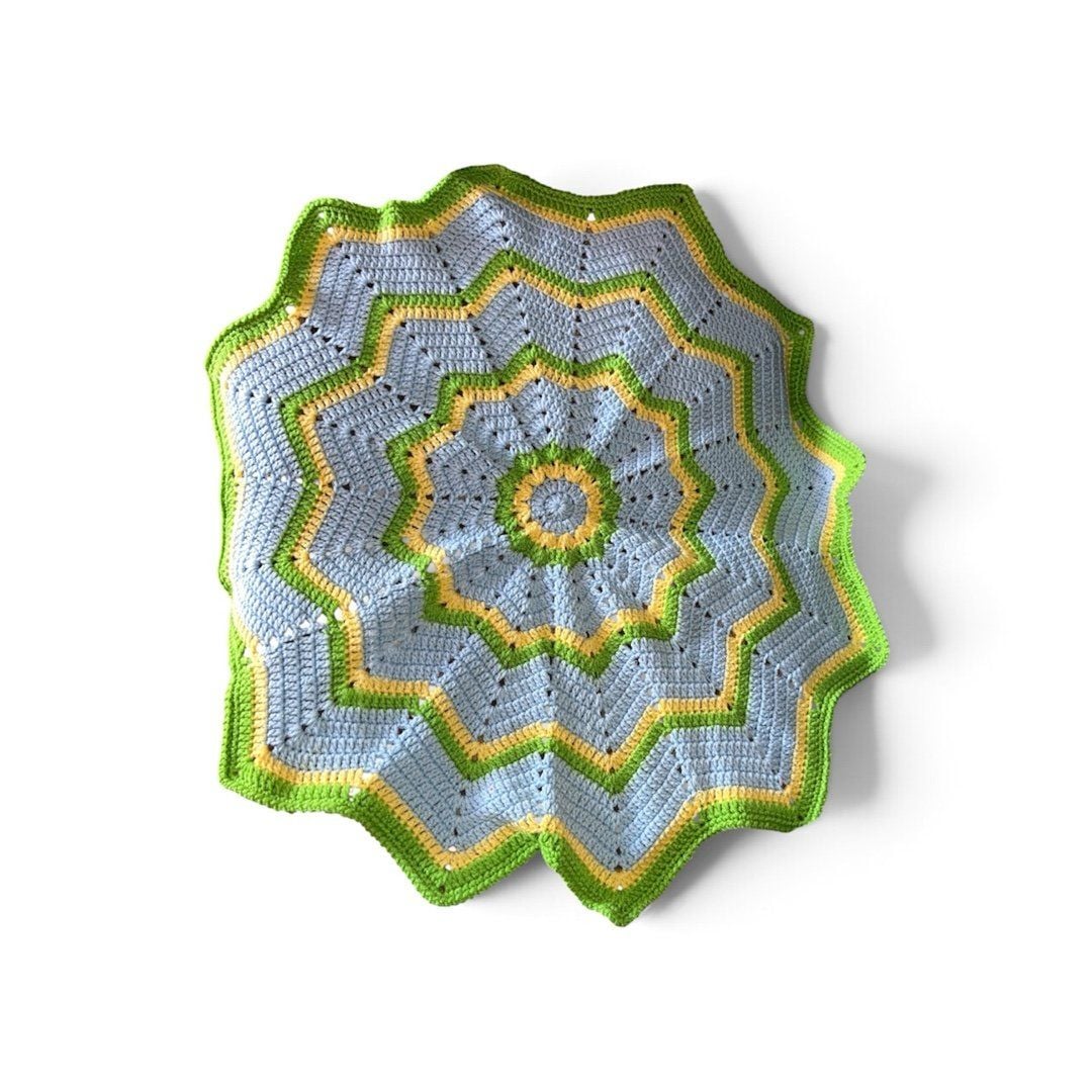 Handmade 12 Point Star Crochet Baby Blanket Afghan Multi-Color Blue Yellow Green 1