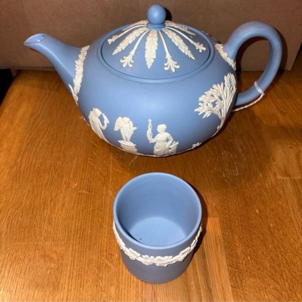 1976 Vintage Light Blue Wedgewood Jasperware Teapot and Cup
