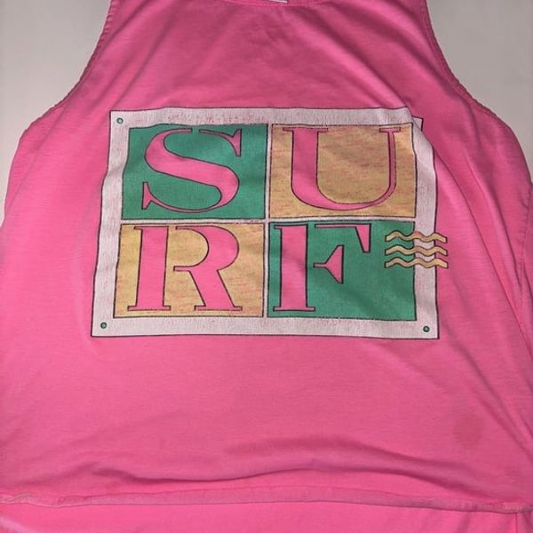 Vintage DEB  Pink Graphic SURF Tank with Green and Yellow Print
