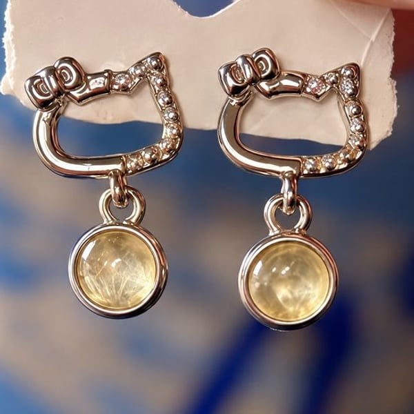 Hello Kitty Dangle Earrings with Citrine • Silver Plated