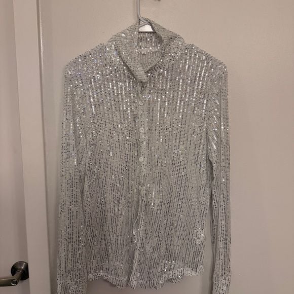 Silver Sequin Button-Up Shirt โจ 2