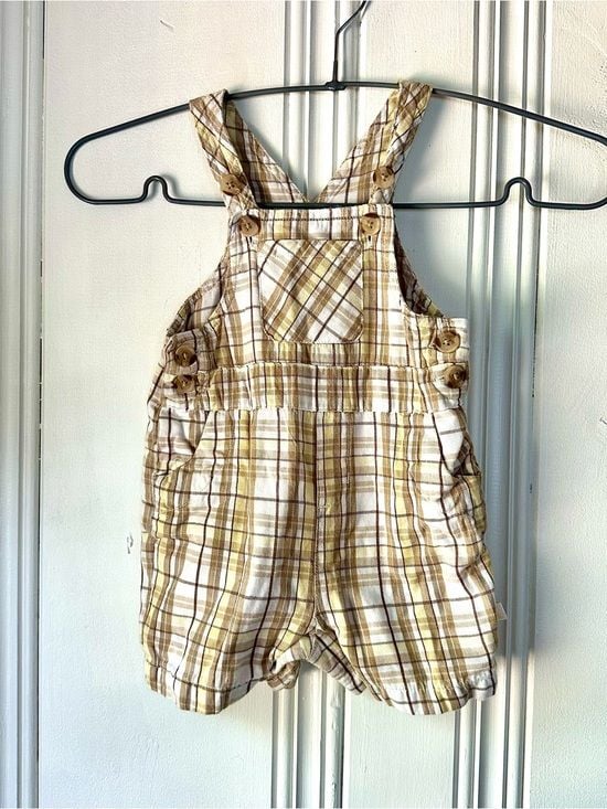 Savannah Baby Plaid Cotton Kids Overalls - Tan & White 2