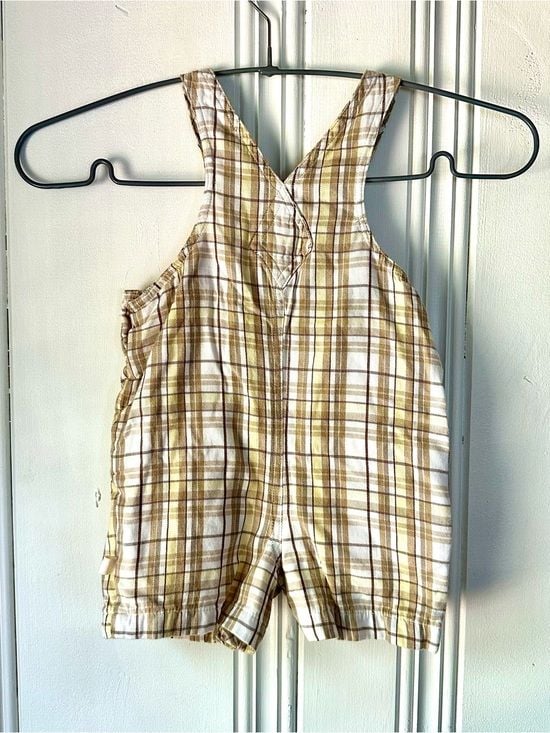 Savannah Baby Plaid Cotton Kids Overalls - Tan & White 3