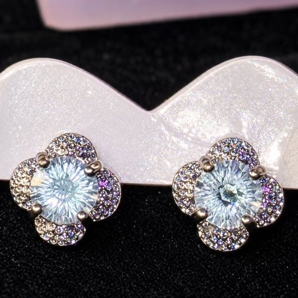 Aquamarine Art Deco Floral Stud Earrings • Silver Plated • Nickel Free