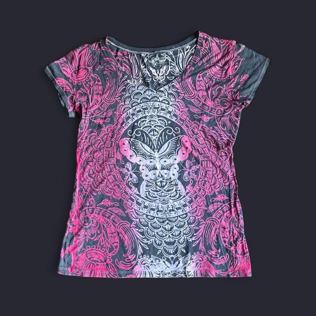 Y2K Gothic Shirt Women’s XL Grunge V-Neck Baby Tee Black Pink 2