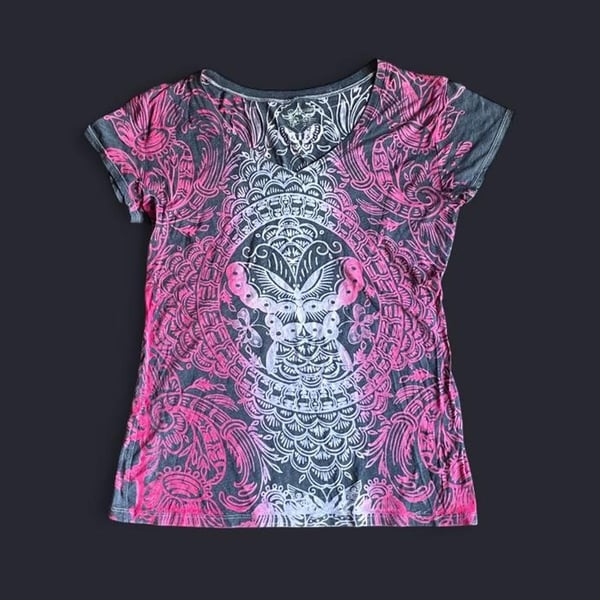 Y2K Gothic Shirt Women’s XL Grunge V-Neck Baby Tee Black Pink