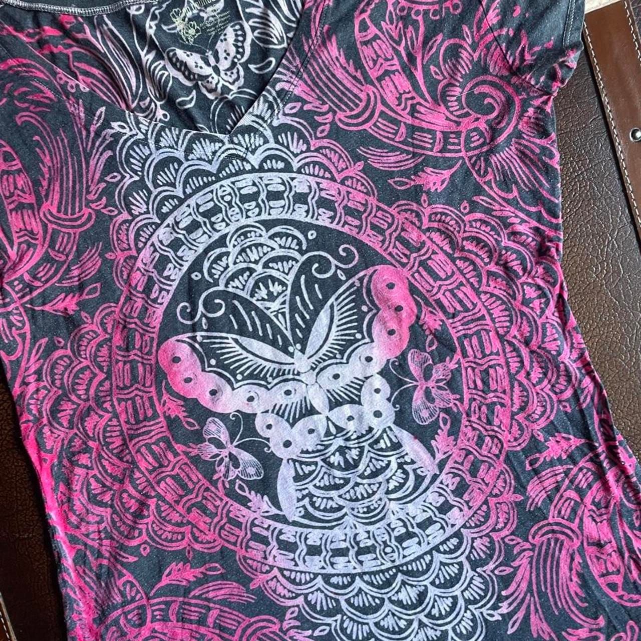 Y2K Gothic Shirt Women’s XL Grunge V-Neck Baby Tee Black Pink 3