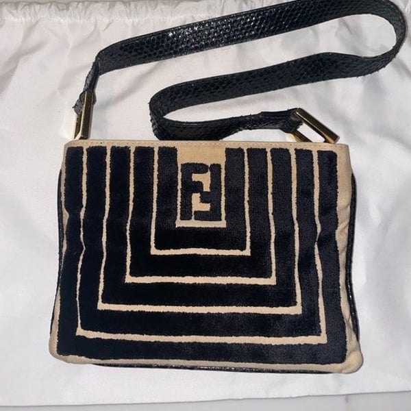 RARE 1970s Fendi Black & Beige Velvet Logo shoulder bag