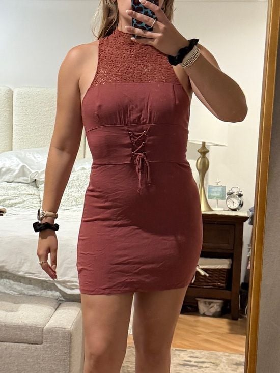 Free People Sleeveless Lace high neck Mini Dress in Rust💋 2