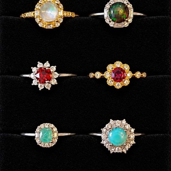 PICK 1 | Gemstone Halo Rings | Moonstone Black Opal Ruby Emerald | Art Deco