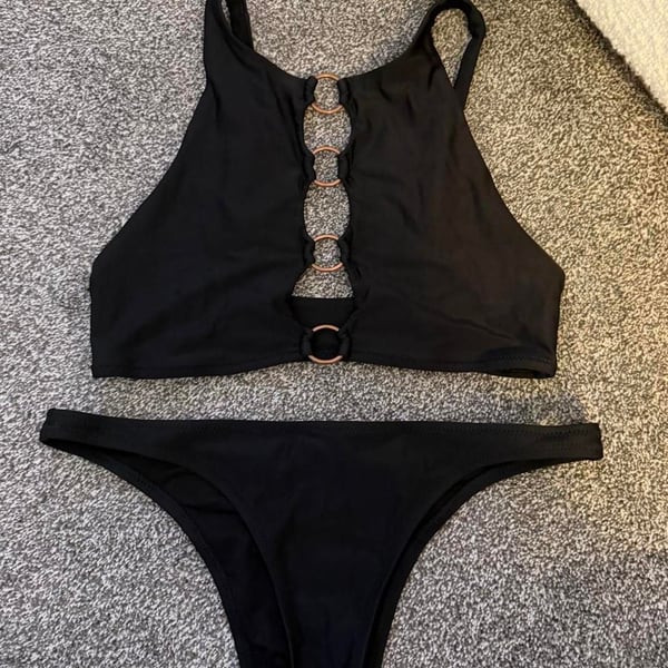Aerie High Neck Bikini Set Size M Black Gold O-Ring Swimwear