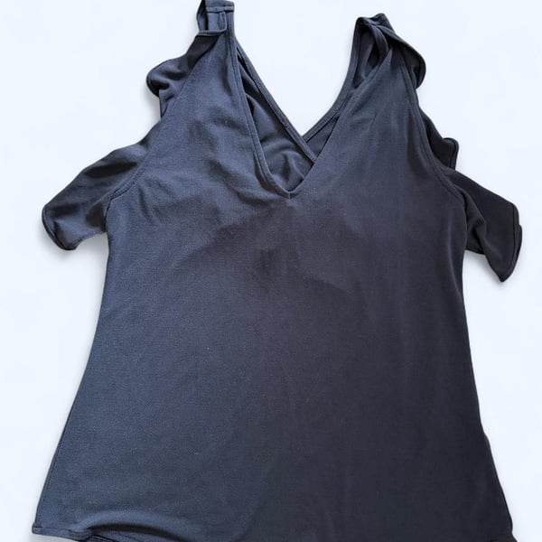 Banana Republic Ruffle Blouse Size S Navy Blue Cold Shoulder Top