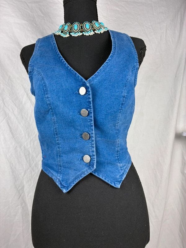 Women’s Blue Denim Button-Front Bustier Corset Top Solid Opaque Size S 2