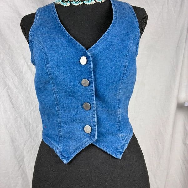 Women’s Blue Denim Button-Front Bustier Corset Top Solid Opaque Size S