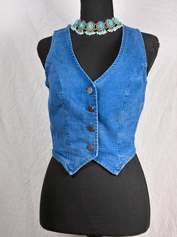 Women’s Blue Denim Button-Front Bustier Corset Top Solid Opaque Size S 4
